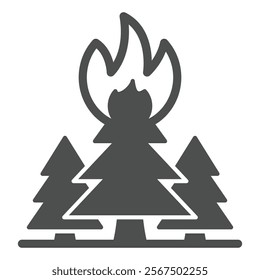 Forest trees in flames solid icon, ecology insurance concept. Vector graphics. Fireplace at forest, high risk danger sign on white background, glyph style icon for mobile or web design