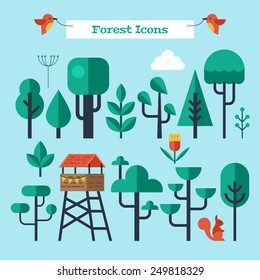 Forest trees flat modern icons set