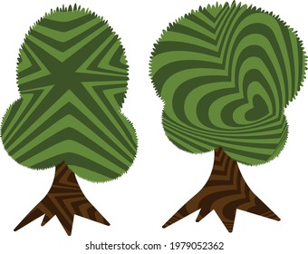 forest trees with fluffy green tops and textures in op art style modern icons of wild plants