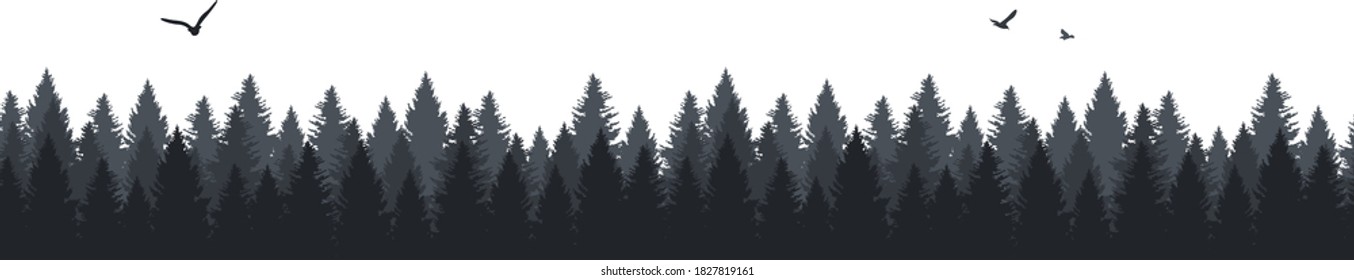 Forest trees and flying birds silhouette seamless pattern background illustration