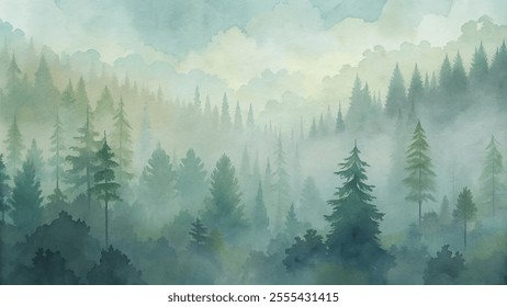 A forest with trees and fog. The trees are green and the sky is cloudy
