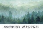 A forest with trees and fog. The trees are tall and green, and the fog is thick and heavy. Scene is peaceful and serene, as if one were walking through a quiet, misty forest