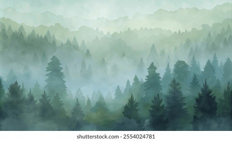 A forest with trees and fog. The trees are tall and green, and the fog is thick and heavy. Scene is peaceful and serene, as if one were walking through a quiet, misty forest