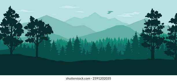 Forest trees frame a breathtaking view of mountains during dusk. A soft mist covers the peaks while a bird flies across the serene sky. Nature's tranquil beauty is prominently displayed.