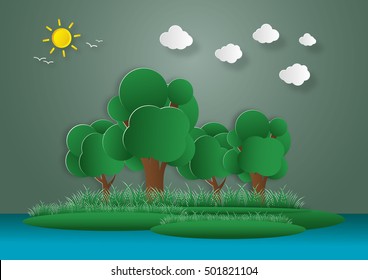 Forest with trees and grass. paper art style
