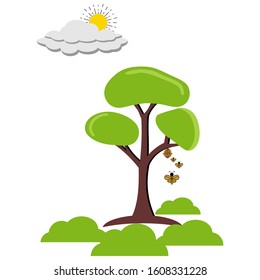 forest trees and green bushes, in the sun, bees and their houses in trees, vector illustration