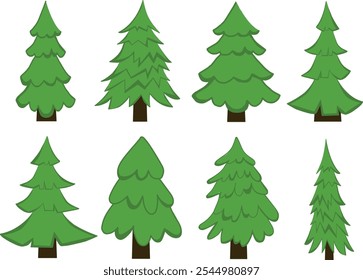 Forest trees: green spruce, Christmas trees of different sizes, evergreen coniferous tree. An interesting shaped spruce