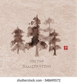 Forest trees hand drawn with ink in traditional Japanese style sumi-e on vintage rice paper. Contains hieroglyph - happiness. Vector illustration.