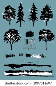 Forest trees hand drawn isolated  silhouette for interior and design