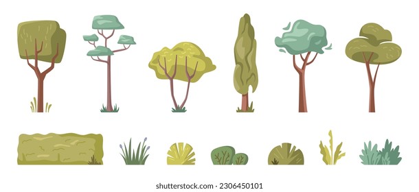 Forest trees, hedges and bush flat cartoon vector illustration icons set. Spring or summer forest trees and other green elements, foliage, bush, hedges for park and garden architecture