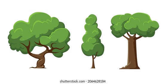 Forest Trees, Hedges And Bush Set Illustration of a set of cartoon spring or summer forest trees and other green forest elements, foliage, bush, hedges