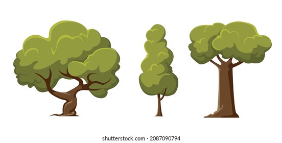 Forest Trees, Hedges And Bush Set Illustration of a set of cartoon spring or autumn forest trees and other yellow forest elements, foliage, bush. Icon Vector.