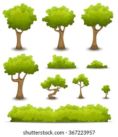 Forest Trees, Hedges And Bush Set/
Illustration of a set of cartoon spring or summer forest trees and other green forest elements, bonsai, foliage, bush and hedges