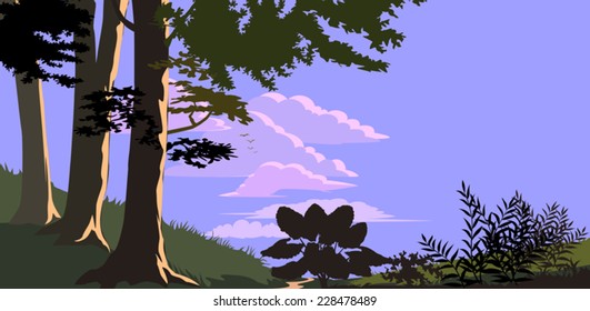 Waldbäume und Hügel in flachen Farben