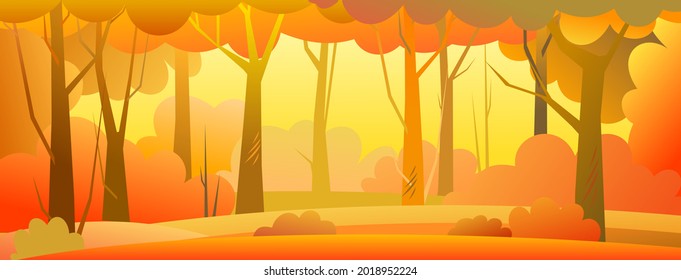 Forest trees illustration. Dense wild plants with tall, branched trunks. Autumn orange landscape. Flat design. Cartoon style. Vector