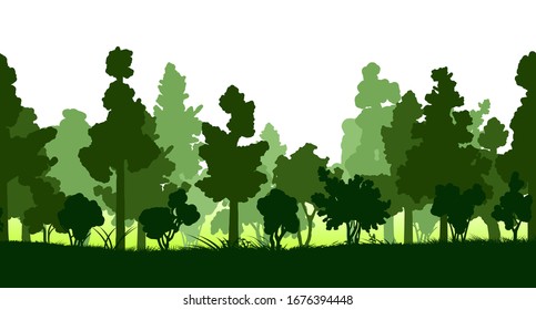 Forest trees isolated silhouette vector. Bottom background. Green deciduous and coniferous plants, succulent grass. Landscape, panorama without sky, scenery. There is a place for text.