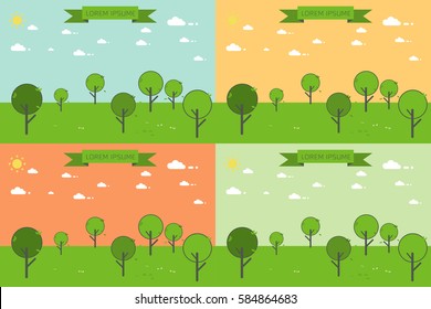 Forest trees landscape illustration background ecology concept. cartoon nature landscape, background with soil, green trees and cloudy sky.