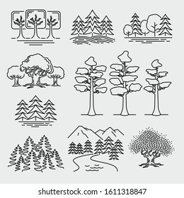 Forest Trees Landscape Vector Line Icons Set