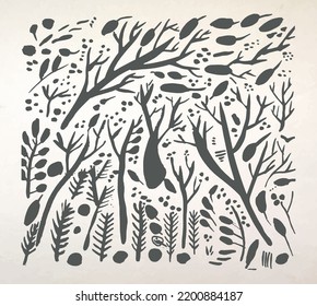 forest trees and leaves abstract  black and white background 