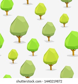 Forest trees low poly seamless pattern. 3d polygonal garden, park, environment. Park plants, oak and maple texture on white background. Decorative textile, wallpaper, wrapping paper, print

