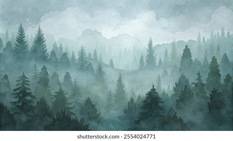 A forest with trees and mist. The trees are tall and green, and the mist is thick and heavy. Scene is calm and peaceful, as if one were walking through a serene and quiet forest