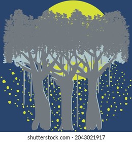 Forest trees in the moonlight vector illustration. Trees, moon, night, dust, specks, branches, vines, tree trunks in neon Crayola yellow, blue, and grey.