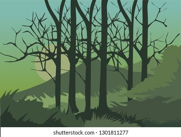 forest with the trees ,mountain for background and vector illustration