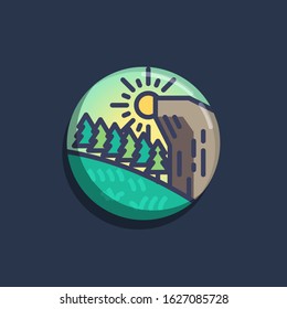 Forest trees with mountain and sun flat icon. Round colorful button, Mountain forest landscape circular vector sign. Flat style design