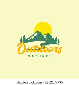 forest trees mountain sun sunset afternoon outdoor colored vintage logo design vector icon illustration template