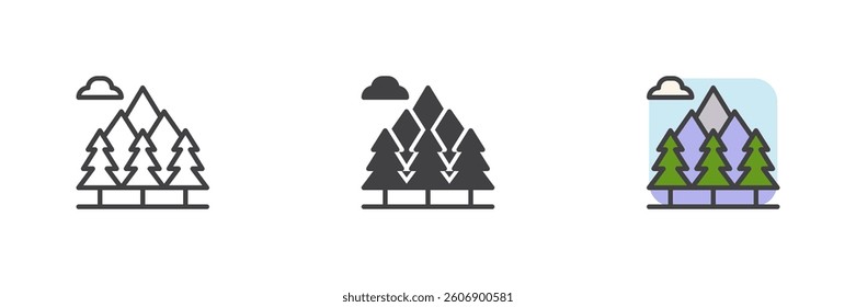 Forest trees with a mountains and cloud different style icon set. Line, glyph and filled outline colorful version, outline and filled vector sign. Natural landscape symbol, logo illustration