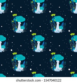 Forest trees and Mushrooms seamless pattern. Hand drawn illustration of Trees and Mushrooms