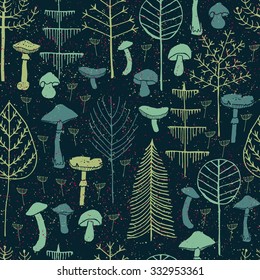 Forest trees and Mushrooms seamless pattern. Hand drawn illustration of  Trees and Mushrooms made in Vector. Can be used for wallpapers, pattern fills, web page backgrounds, surface textures, textile.