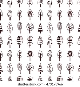 Forest trees nordic seamless pattern. Hand drawn trendy scandinavian decoration backdrop. Good for wallpaper, invitation card, scrapbook, wrapping paper, website background, fashion textile print.