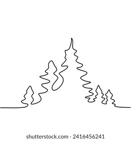 Forest trees one line art drawing. Vector illustration jungle with tree in continuous single line art hand drawn.