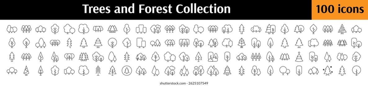 Wald, Bäume, Parks Sammlung dünner Symbole. Bearbeitbarer Strich. Perfekt für Websites, Bücher, Karten, Apps
