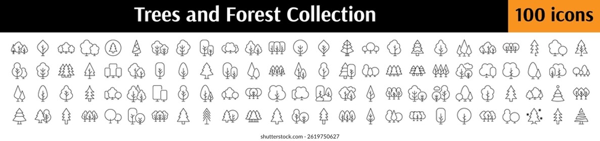 Bosque, árboles, parques delinean la Colección de Imagen lineal simple. Trazo Editable. Perfecto para Sitios web, libros, tarjetas, App