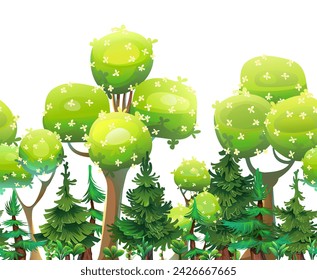 Wald mit Bäumen. Nahtlose horizontale Bildwiedergabe. Auf weißem Hintergrund isoliertes Objekt. Cartoon Spaß Stil Illustration Vektor