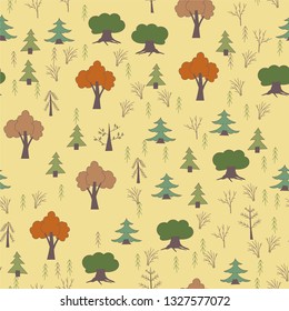 Forest with trees and pines on yellow background seamless pattern (vector)