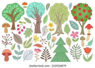 forest trees and plants collection, isolated on white background, botanical set with mushrooms, flowers, berries, leaves, trees, branches vector illustration.