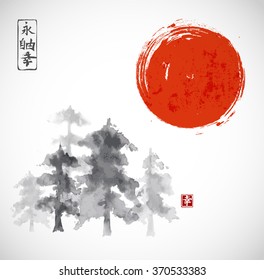 Forest trees and red sun hand drawn with ink in traditional Japanese style sumi-e. Contains hieroglyphs - happiness, eternity, freedom