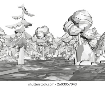 A forest with trees and rocks. The trees are tall and the rocks are scattered throughout the area. The sky is clear and the sun is shining