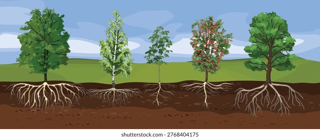 Forest trees with root systems in soil cross section, set of different species including oak,  birch, horse chestnut, rowan, ecological botanical infographic