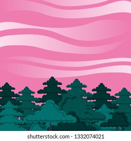 forest with trees scene and sky pink
