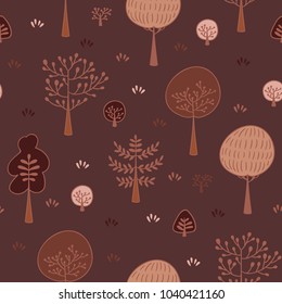 Forest trees seamless vector pattern. Botanic design texture in colors of brown and beige