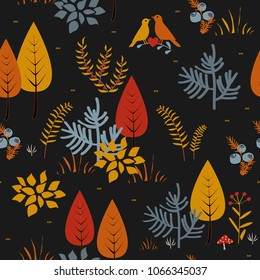 Forest trees seamless vector pattern. Hand drawn background with plants, grass and bushes in doodle style. Botanic design texture in colors of blue, red and yellow. Vector