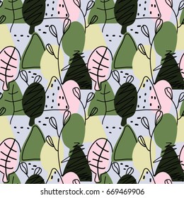 Forest trees seamless vector pattern for cards wallpaper scrap hand made green yellow blue woods