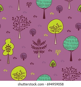 Forest trees seamless vector pattern. Hand drawn background with plants, grass and bushes in doodle style. Botanic design texture in colors of green and purple