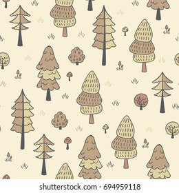 Forest trees seamless vector pattern. Hand drawn background with pines, grass, bushes and mushrooms in doodle style. Botanic design texture in colors of brown and beige