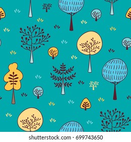 Forest trees seamless vector pattern. Hand drawn background with plants, grass and bushes in doodle style. Botanic design texture in colors of blue and yellow