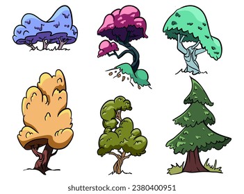 Forest trees set . cartoon trees vector set of trees with various colors. Illustration set of trees on a white background. 